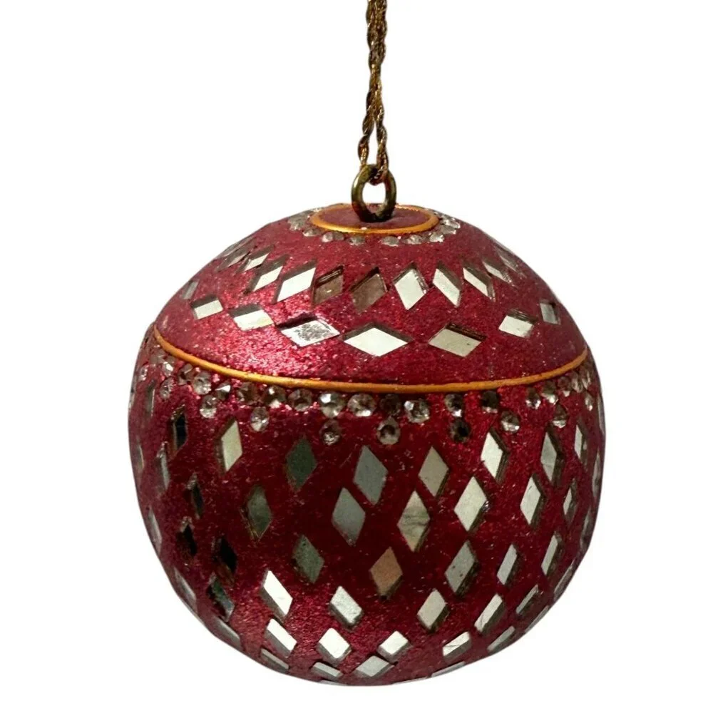 Vintage Indian Beaded Mirror Ball Christmas Ornament Boho Hippie Red Blue Gold